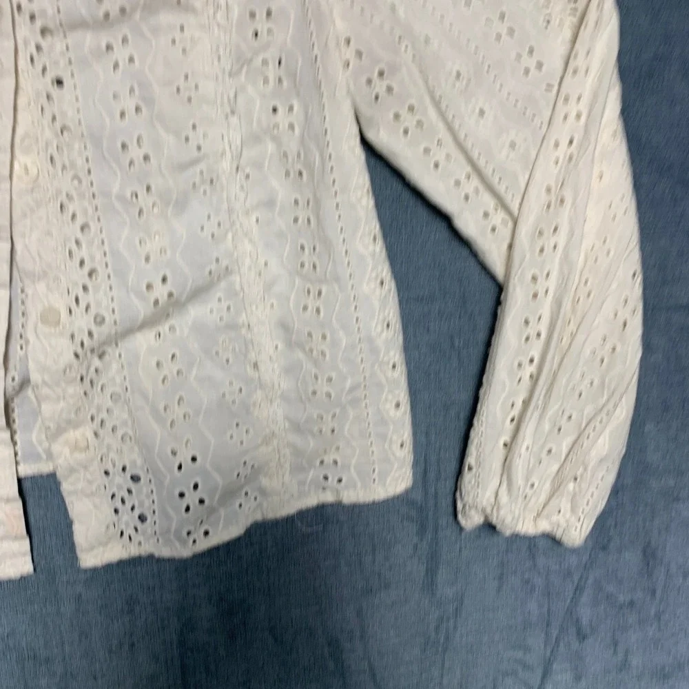 Zara Eyelet Blouse Top Womens Medium Beige Classic Balloon Sleeve Button Front
